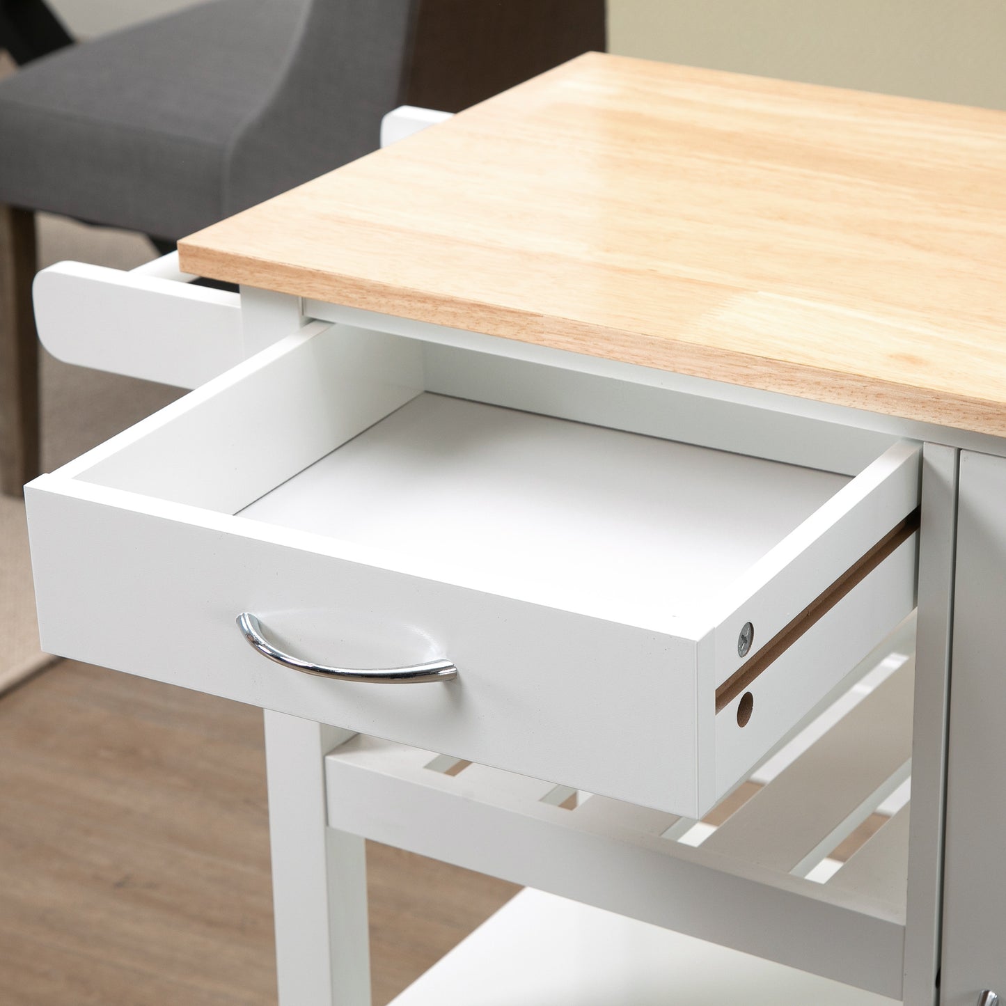Cottalo Wooden White Rolling Kitchen Trolley With Embossed Door Panels And 3 Storage Shelves
