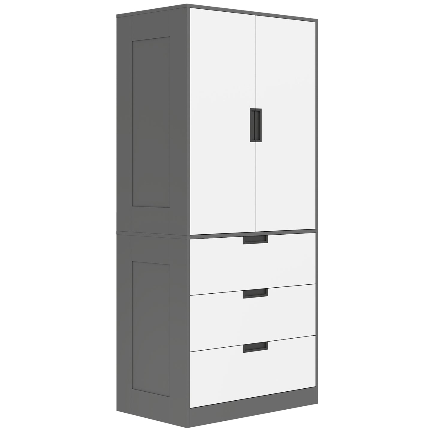 Corario Wooden Grey and White 2 Door Wardrobe With 3 Drawers And Hanging Rod
