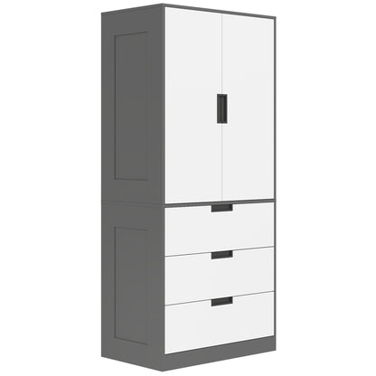 Corario Wooden Grey and White 2 Door Wardrobe With 3 Drawers And Hanging Rod
