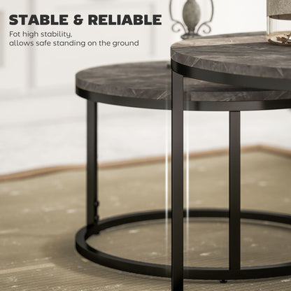Reniso Set Of 2 Metal And Wood Marble Effect Industrial Round Nesting Coffee Tables