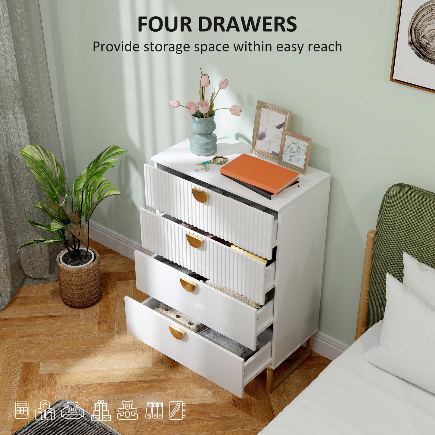 Nimise Wooden White Elegant 4 Drawer Chest Of Drawers