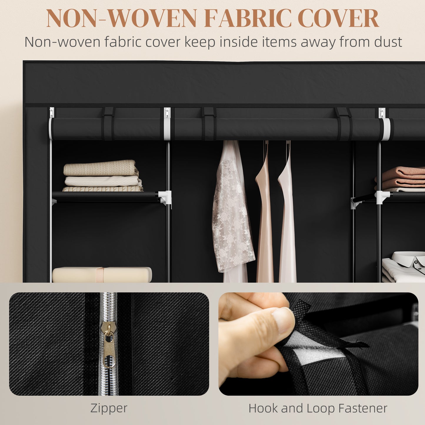Belapalo Black Foldable Fabric Wardrobe With Shelves And Zip Cover