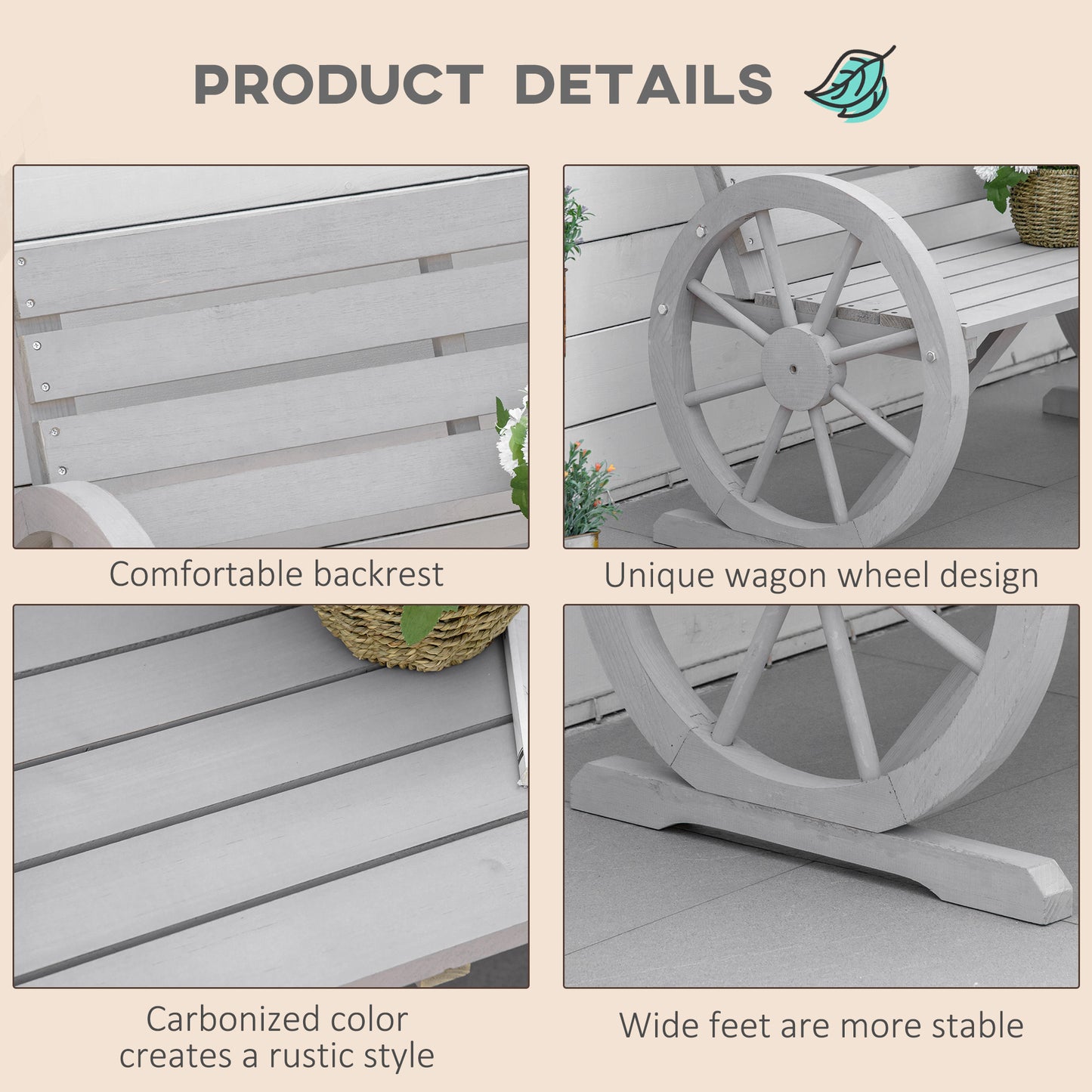 Linifi Wood Grey Rustic 2 Seater Garden Bench With Wagon Wheel Arms And High Back