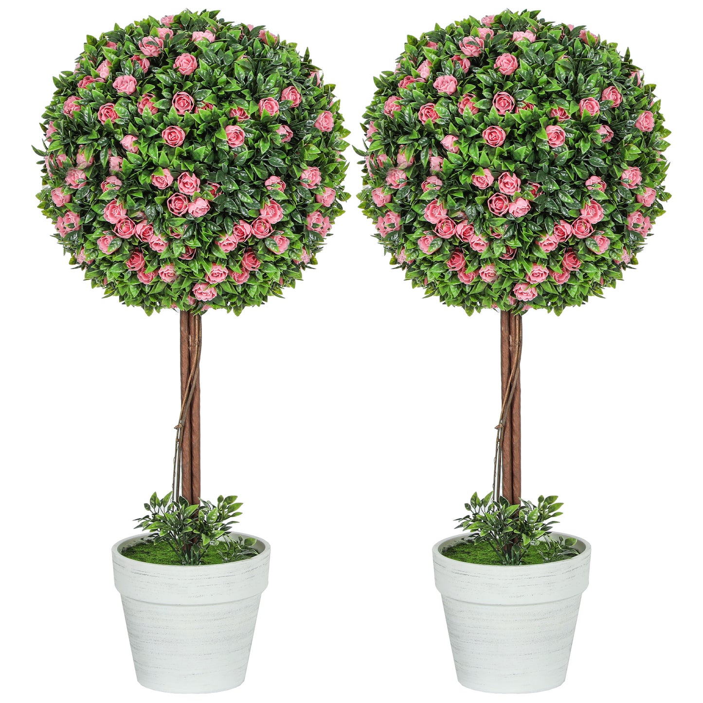 Roviyo Set Of 2 Artificial Rose Flower Topiary Ball Trees In Pots H8 60cm Pink