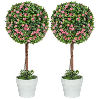 Roviyo Set Of 2 Artificial Rose Flower Topiary Ball Trees In Pots H8 60cm Pink