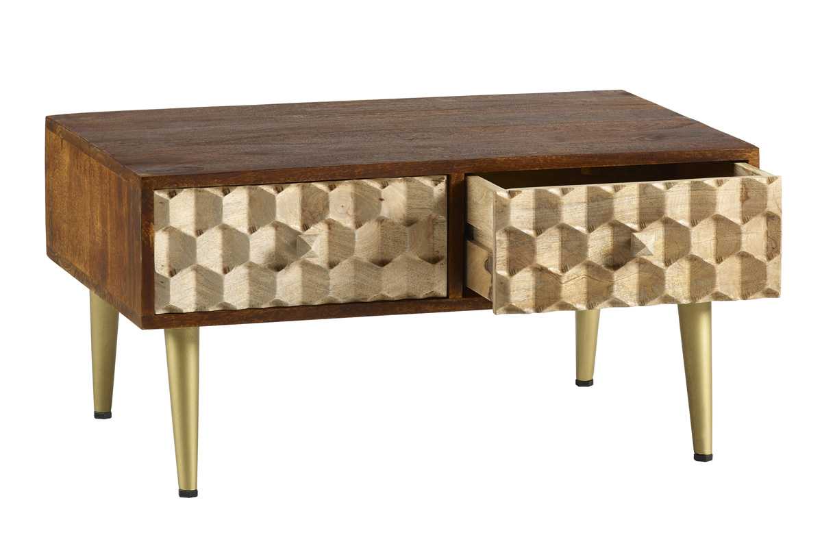 Beijing Mango Wood Coffee Table 2 Drawers Gold Geometric Pattern