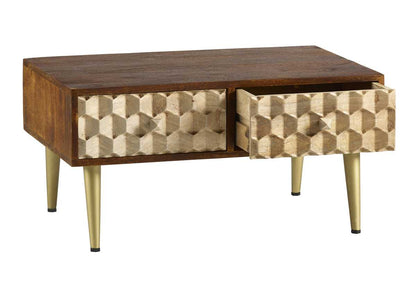 Beijing Mango Wood Coffee Table 2 Drawers Gold Geometric Pattern