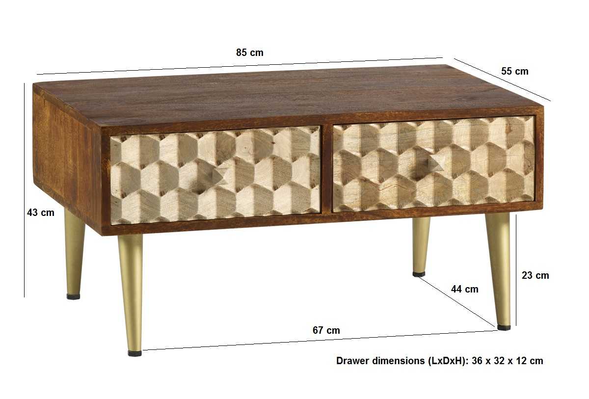 Beijing Mango Wood Coffee Table 2 Drawers Gold Geometric Pattern