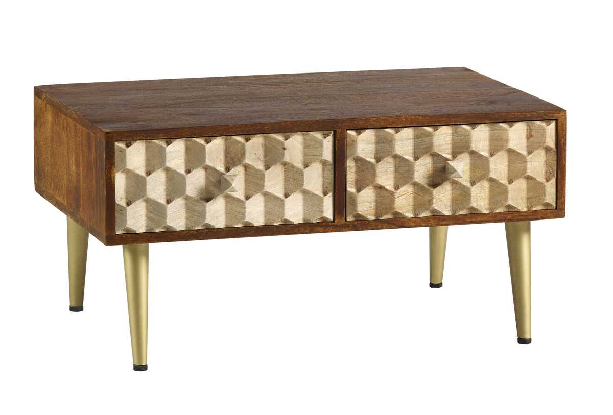 Beijing Mango Wood Coffee Table 2 Drawers Gold Geometric Pattern
