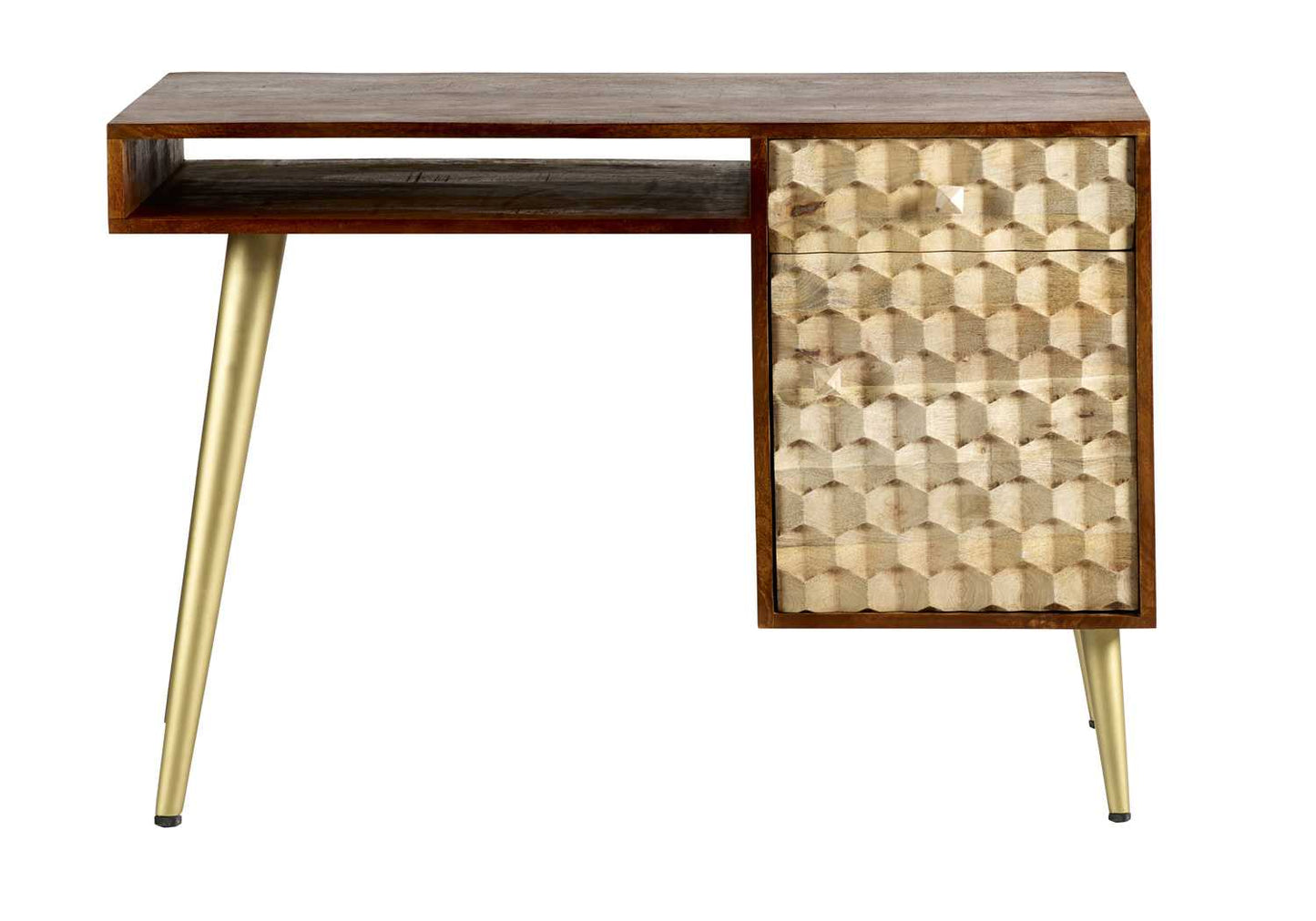 Beijing Mango Wood Desk 1 Drawer 1 Door Gold Geometric Pattern