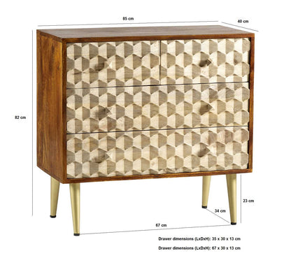 Beijing Mango Wood Chest with 4 Drawers Gold Geometric Pattern