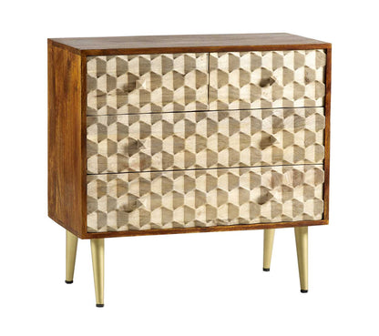 Beijing Mango Wood Chest with 4 Drawers Gold Geometric Pattern
