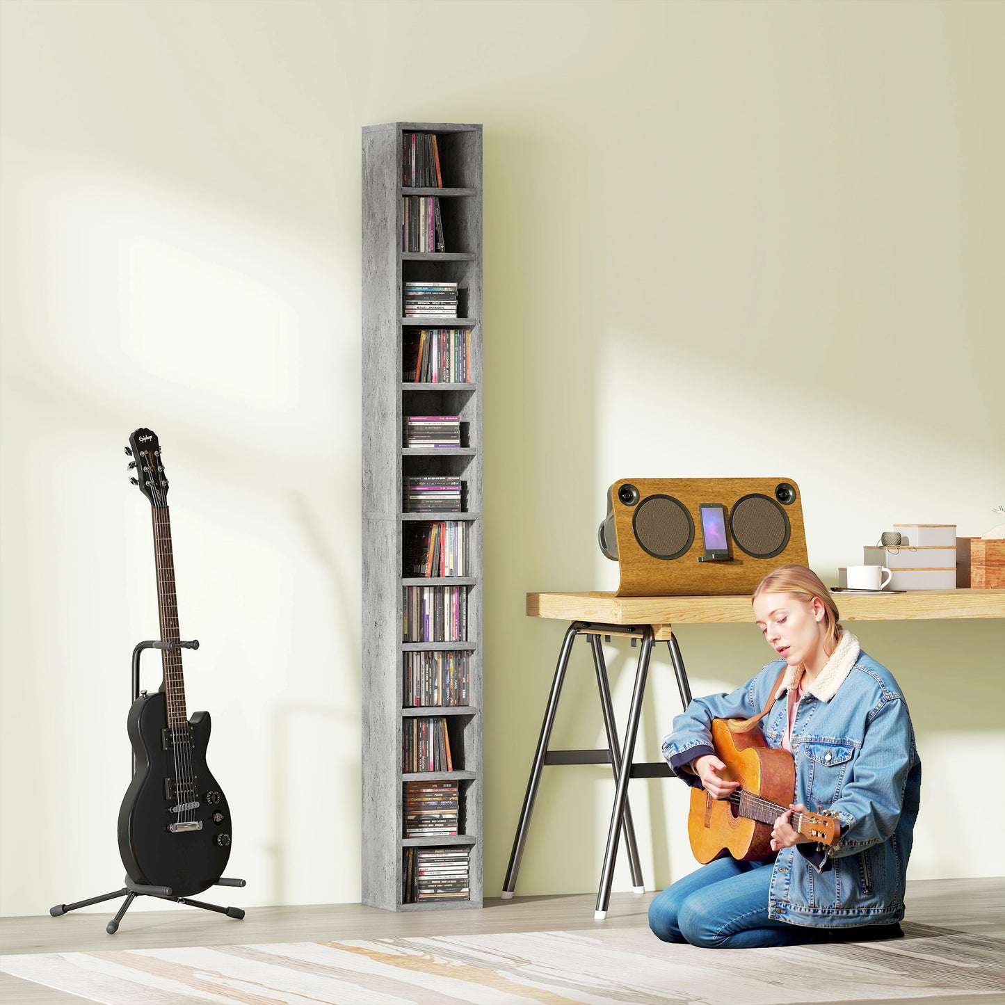 Loli Wooden Cement Grey Tall Narrow Media Storage Tower With 204 Disc Capacity