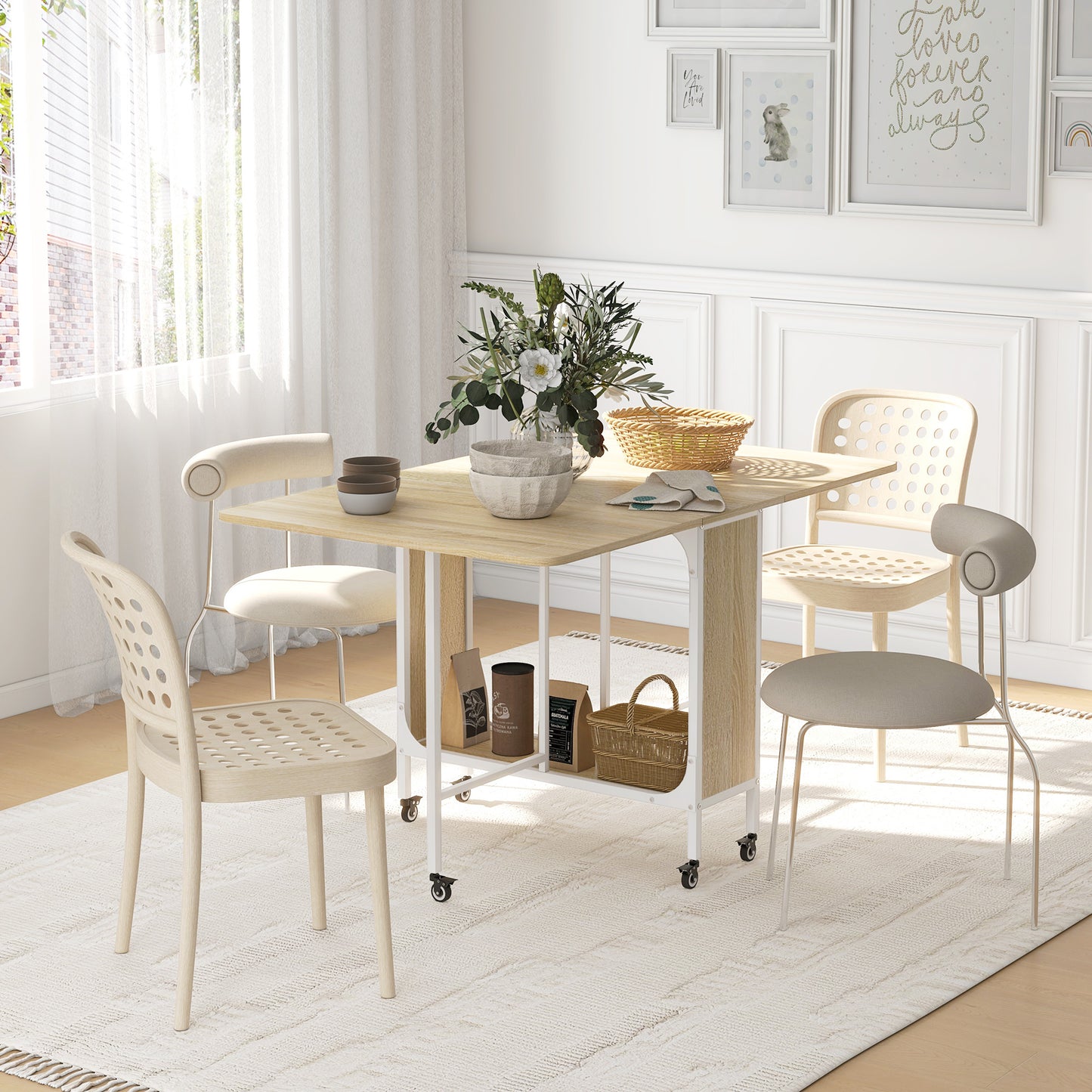 Suni Reta Wooden Natural And White Drop Leaf Dining Table Seating 6