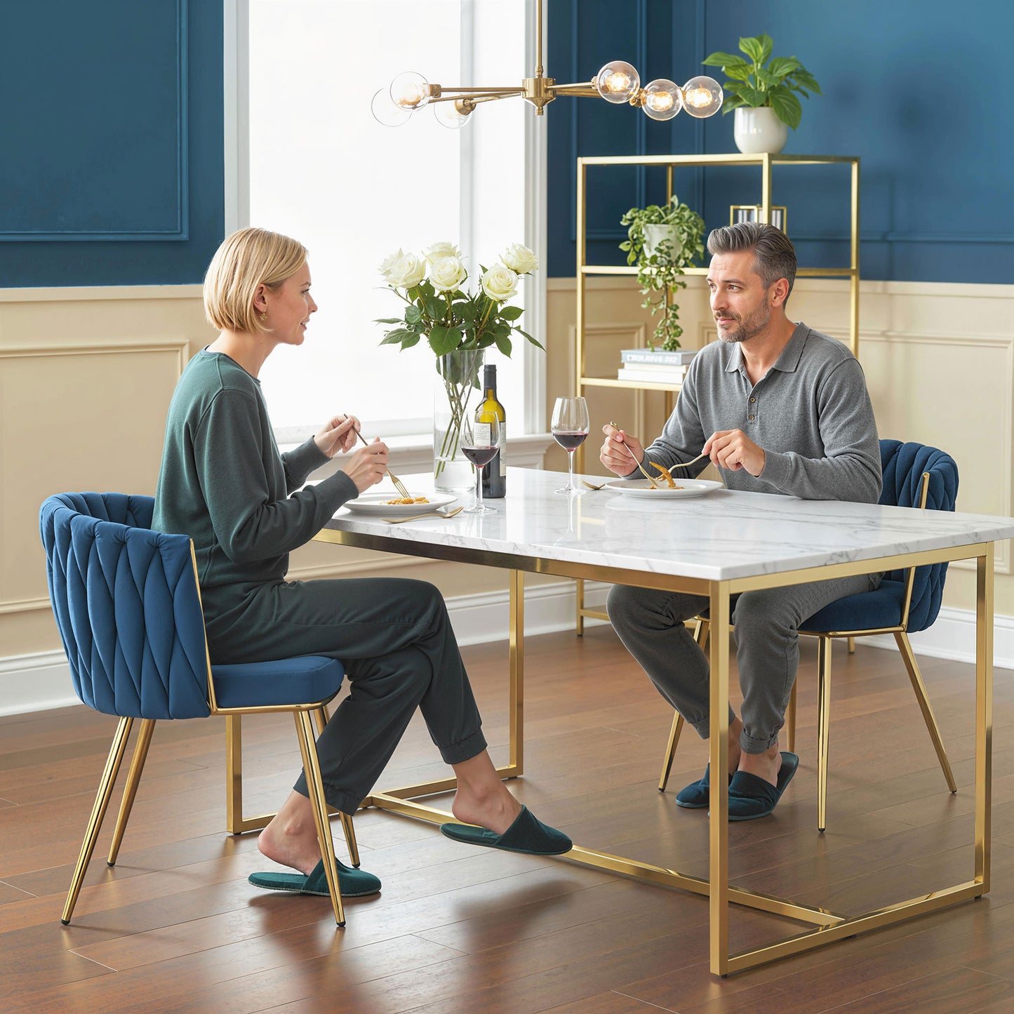 Sosura Set Of 2 Dark Blue Velvet Upholstered Dining Chairs With Woven Back And Arms