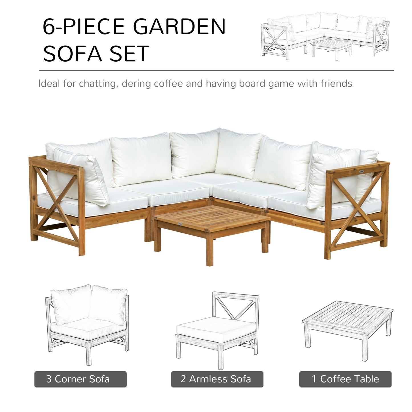 Mokeni 5 Seater Natural Wood Frame Outdoor Garden Seating Set with White Cushions