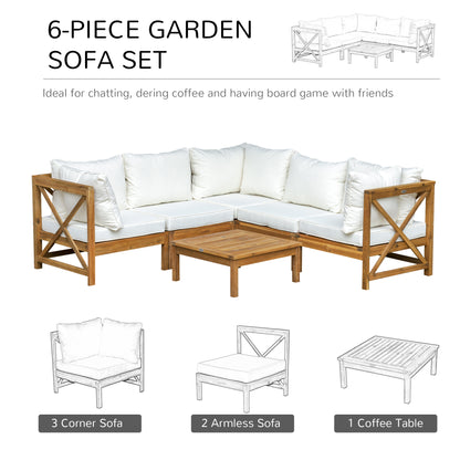 Mokeni 5 Seater Natural Wood Frame Outdoor Garden Seating Set with White Cushions