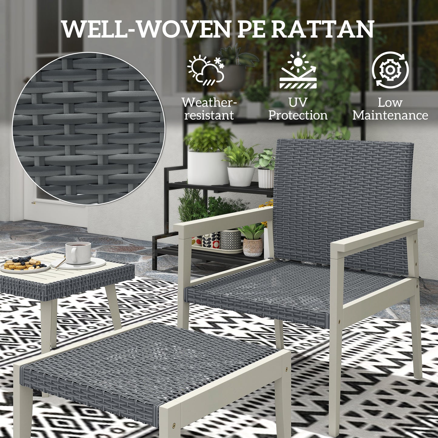 Nosalu Rattan Grey 5 Piece Outdoor Garden Bistro Set With Table and Footstools