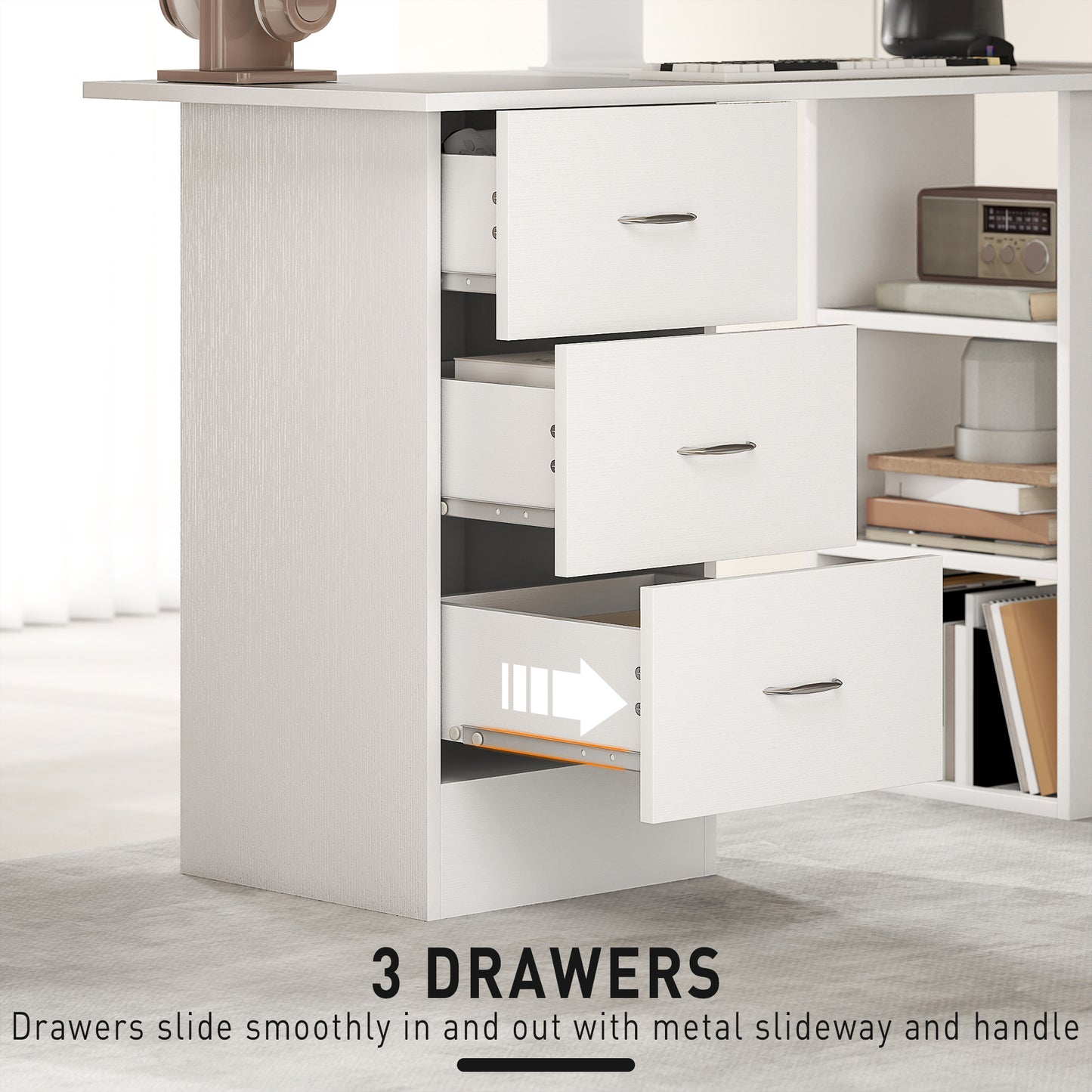 Kamore 120cm Wooden White Study Desk With 3 Side Shelves And 3 Drawers