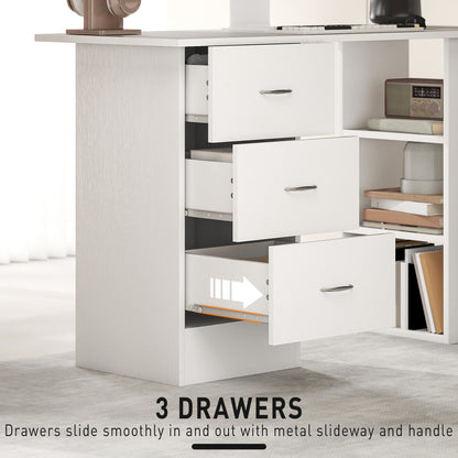 Kamore 120cm Wooden White Study Desk With 3 Side Shelves And 3 Drawers
