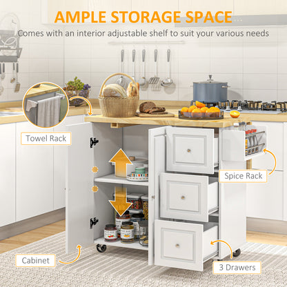 Tanalo Wooden White Rolling Kitchen Island With Drop Leaf Drawers Towel And Spice Racks