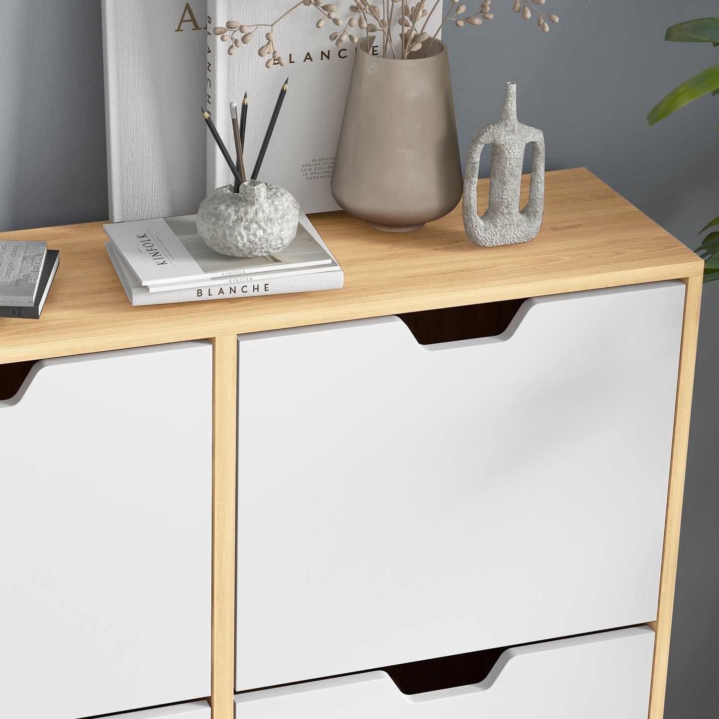 Margarita Wooden Natural  and White Shoe Cabinet With 4 Flip Drawers For 8 To 16 Pairs
