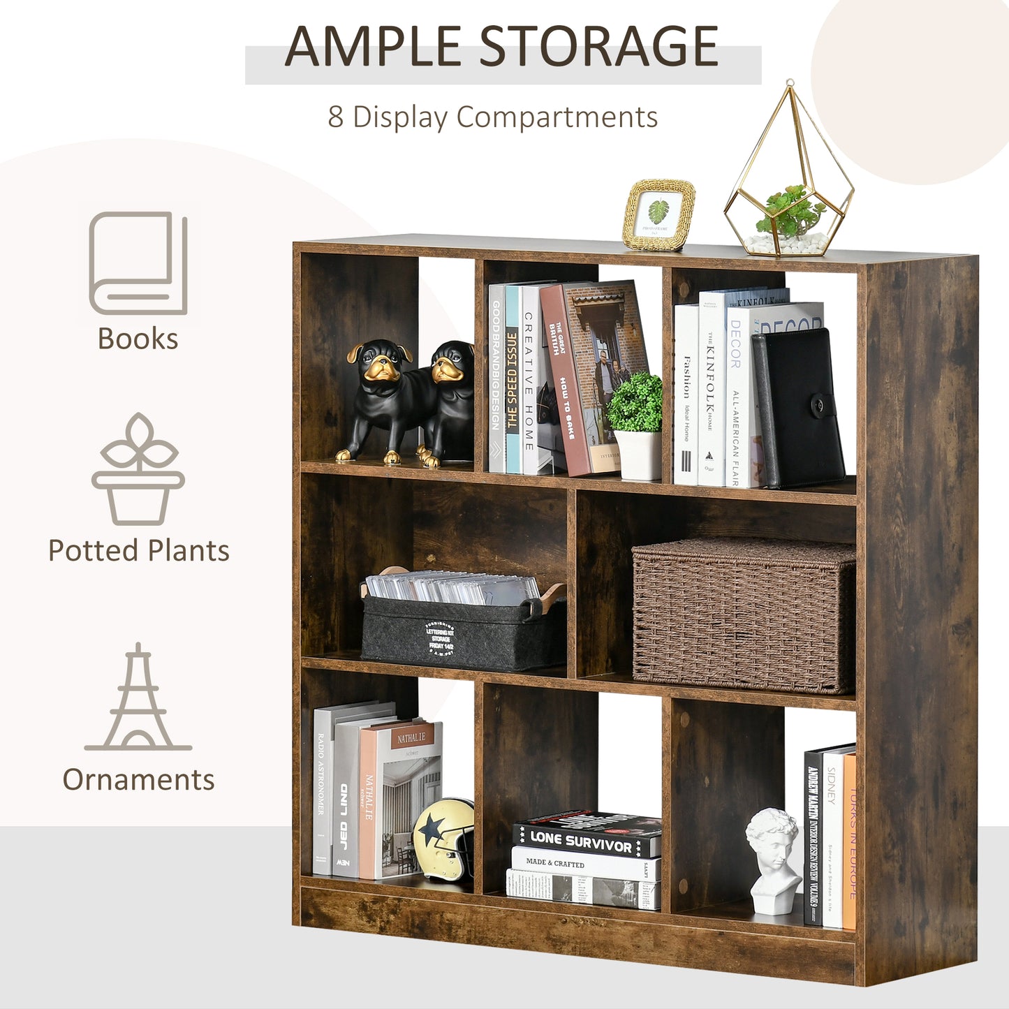 Ketomo Wood Rustic Brown 3 Tier OFauxn Bookcase Room Divider