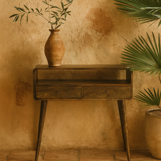 Trapani Curved Grey Washed Mango Wood Console Table 2 Drawers Open Shelf