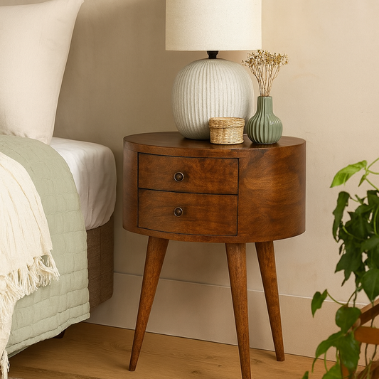 Brescia Chestnut Mango Wood Oval Bedside Table 2 Drawers