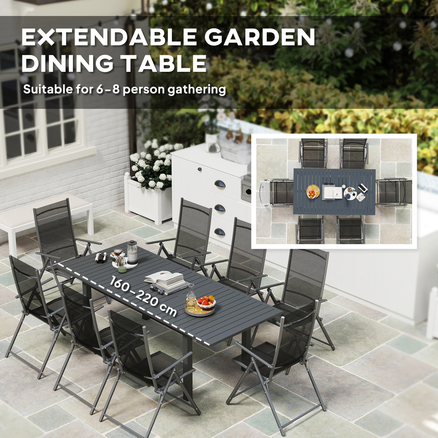 Tosala Aluminium Grey Extendable Outdoor Dining Table With Slatted Top For 6