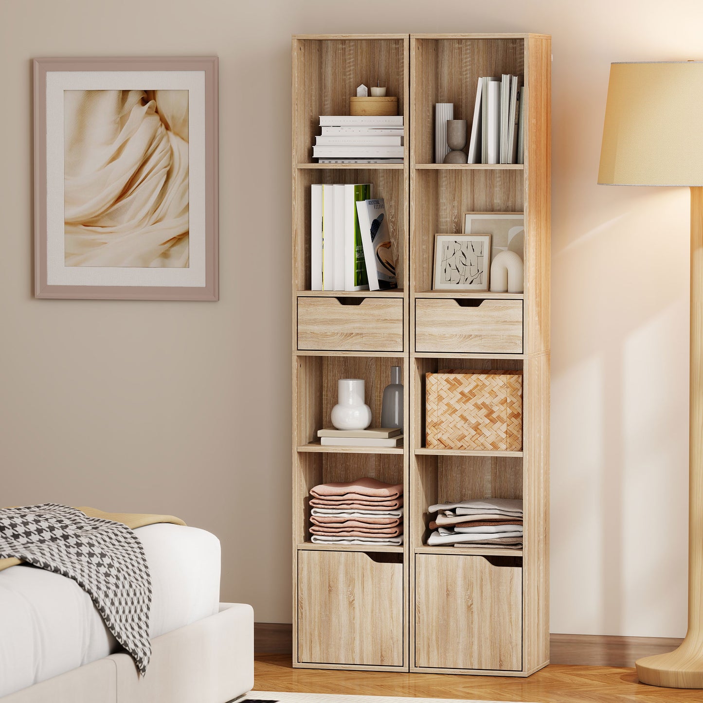 Lamoke Colu Wooden Natural Finish Tall Narrow 6 Tier Bookcase With Drawer And Door