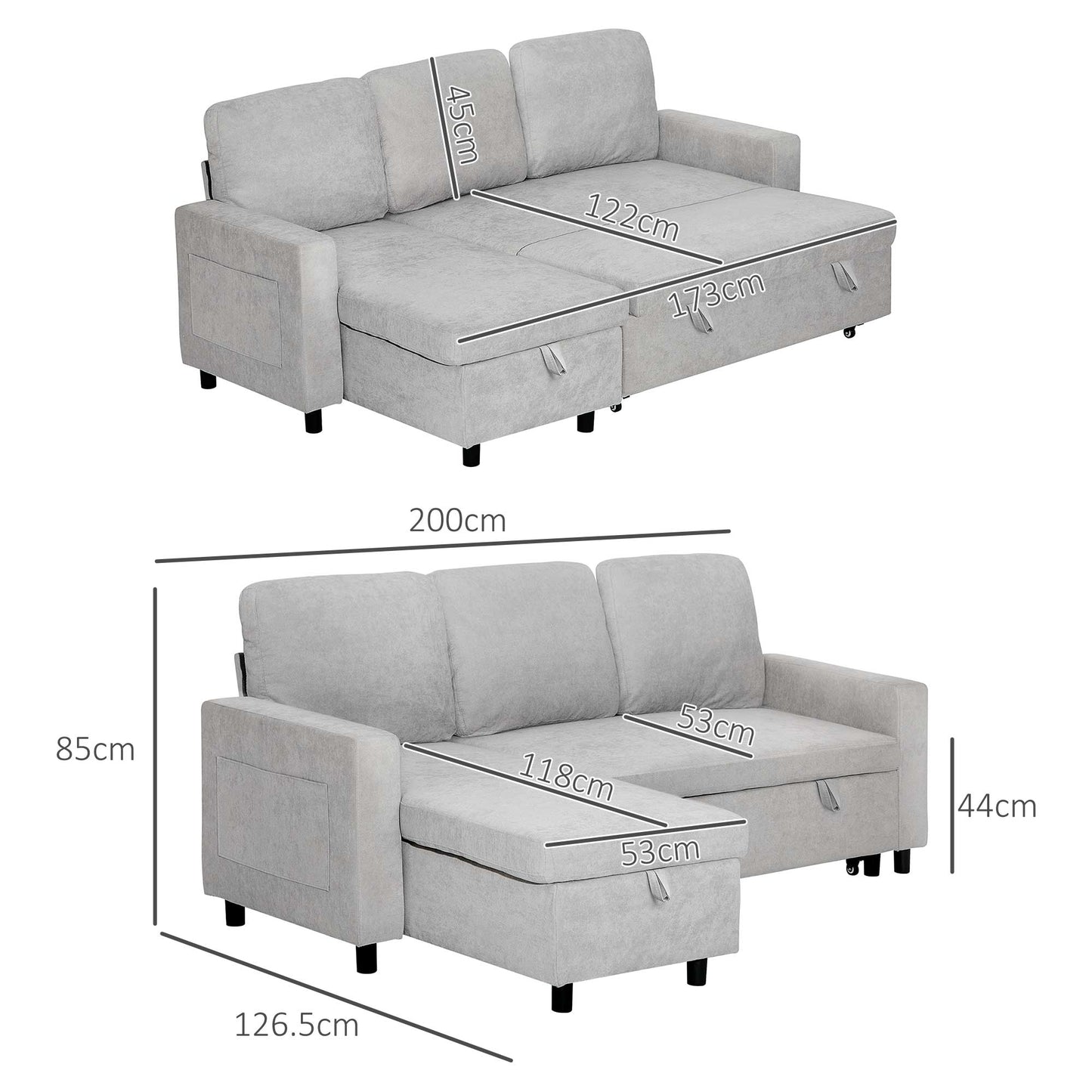Tafaha Light Grey Pull Out Sofa Bed With Storage and Side Pockets