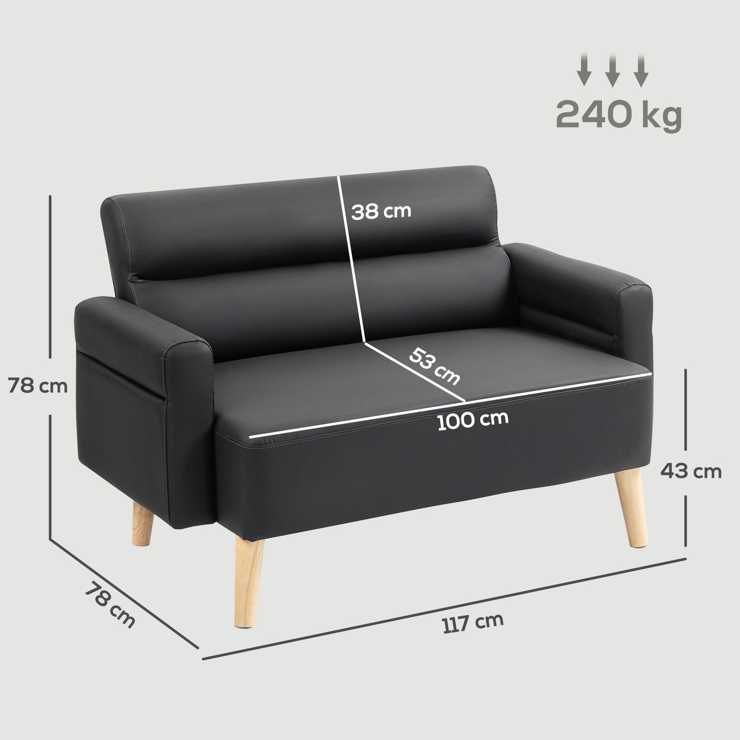 Raha Black Faux Leather Compact 2 Seater Sofa