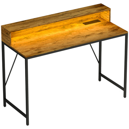 Hanive 120cm Rustic Brown Gaming Desk With LED Lights Power Outlets And Monitor Stand