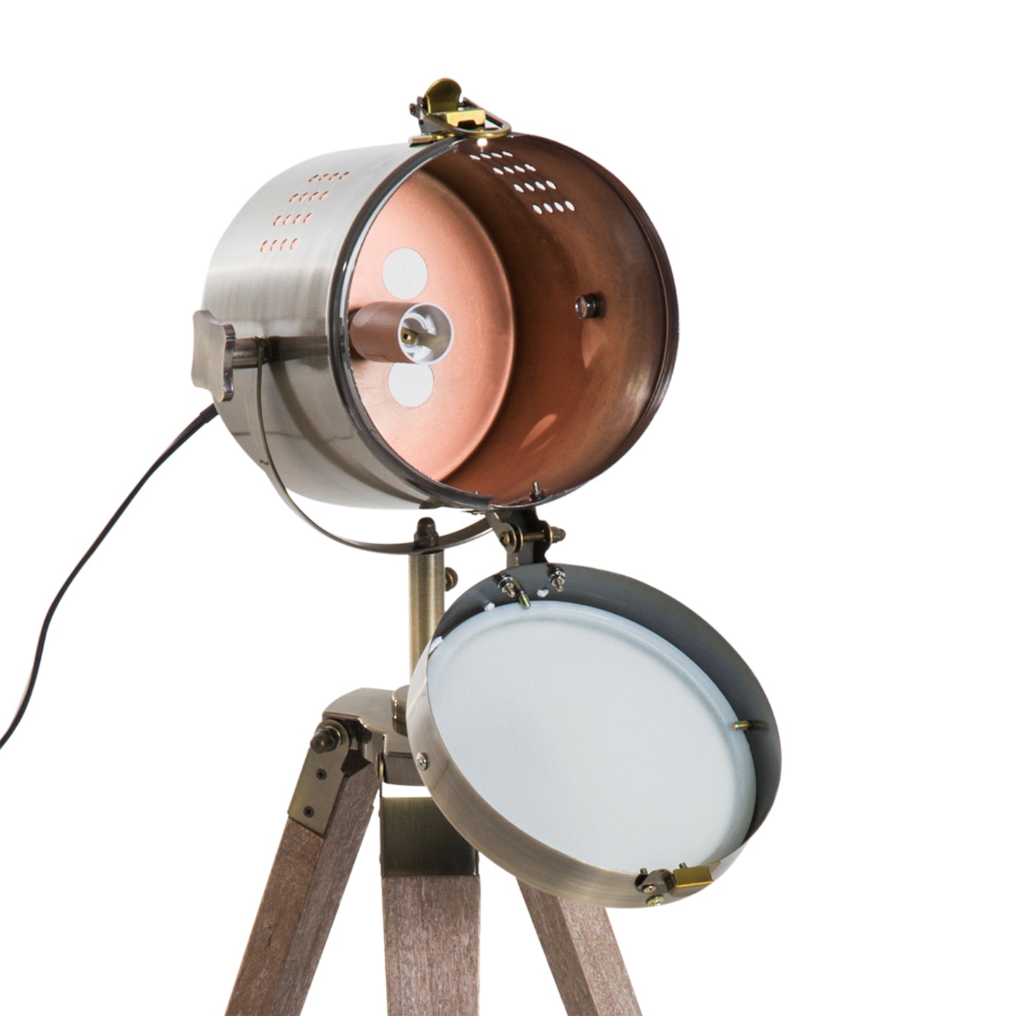 Vidira Wood And Metal Brass Vintage Tripod Table Lamp With Spotlight Head