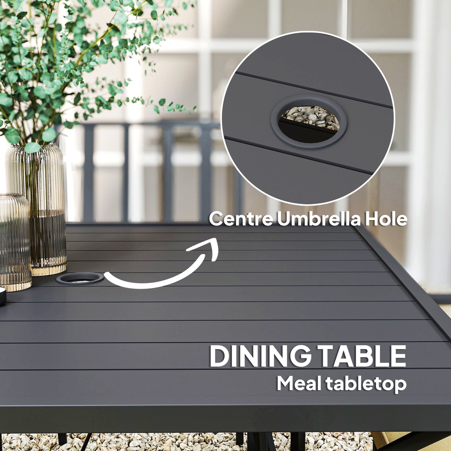Nonilu Metal Black and Cream 4 Seater Garden Dining Set With Cushions Stackable Chairs and Parasol Hole