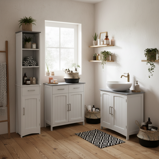 Maraneri Bathroom Furniture Set With Tall Cabinet Floor Storage Drawers And Pedestal Sink Unit White