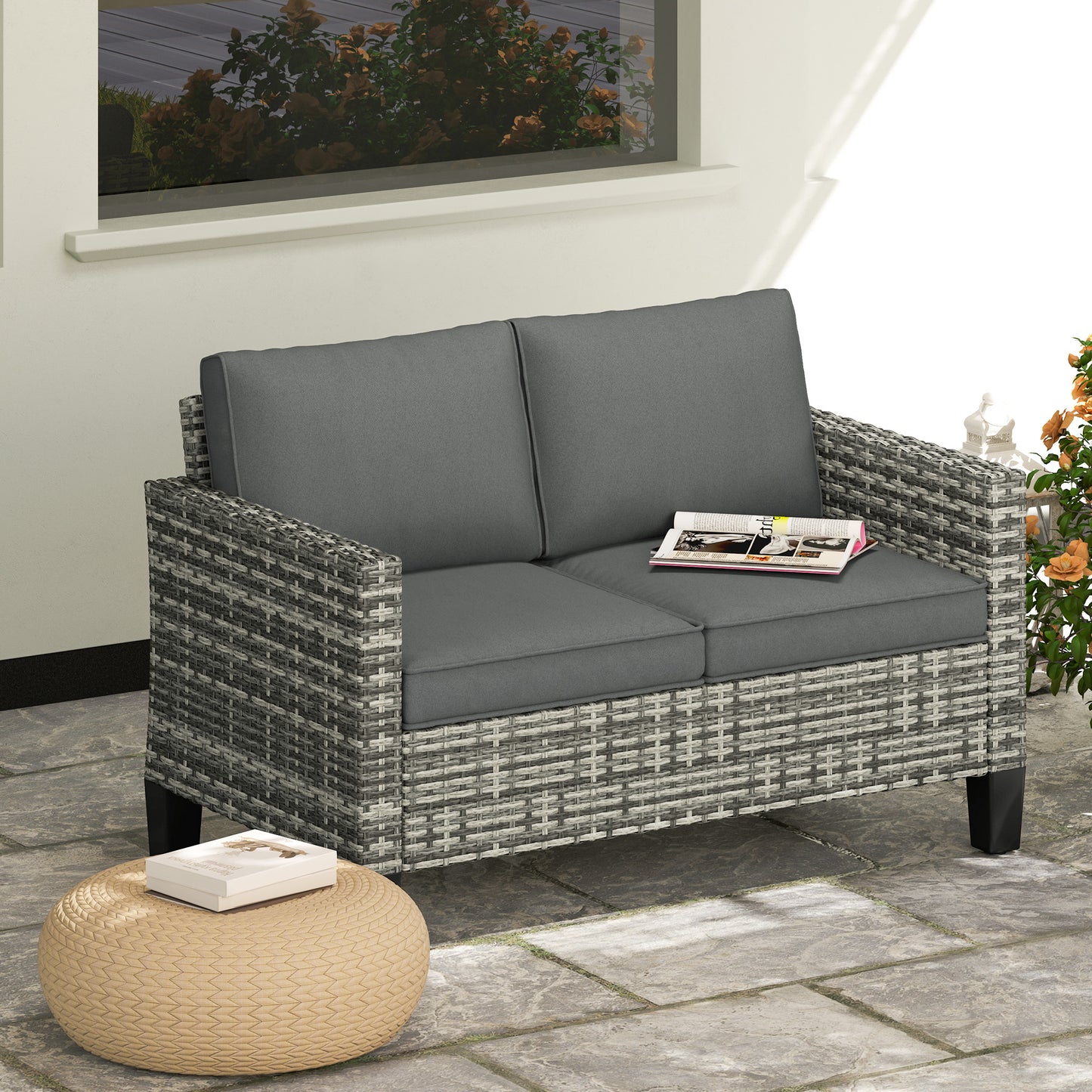 Kalazi Rattan Light Grey 2 Seater Outdoor Sofa With Cushions