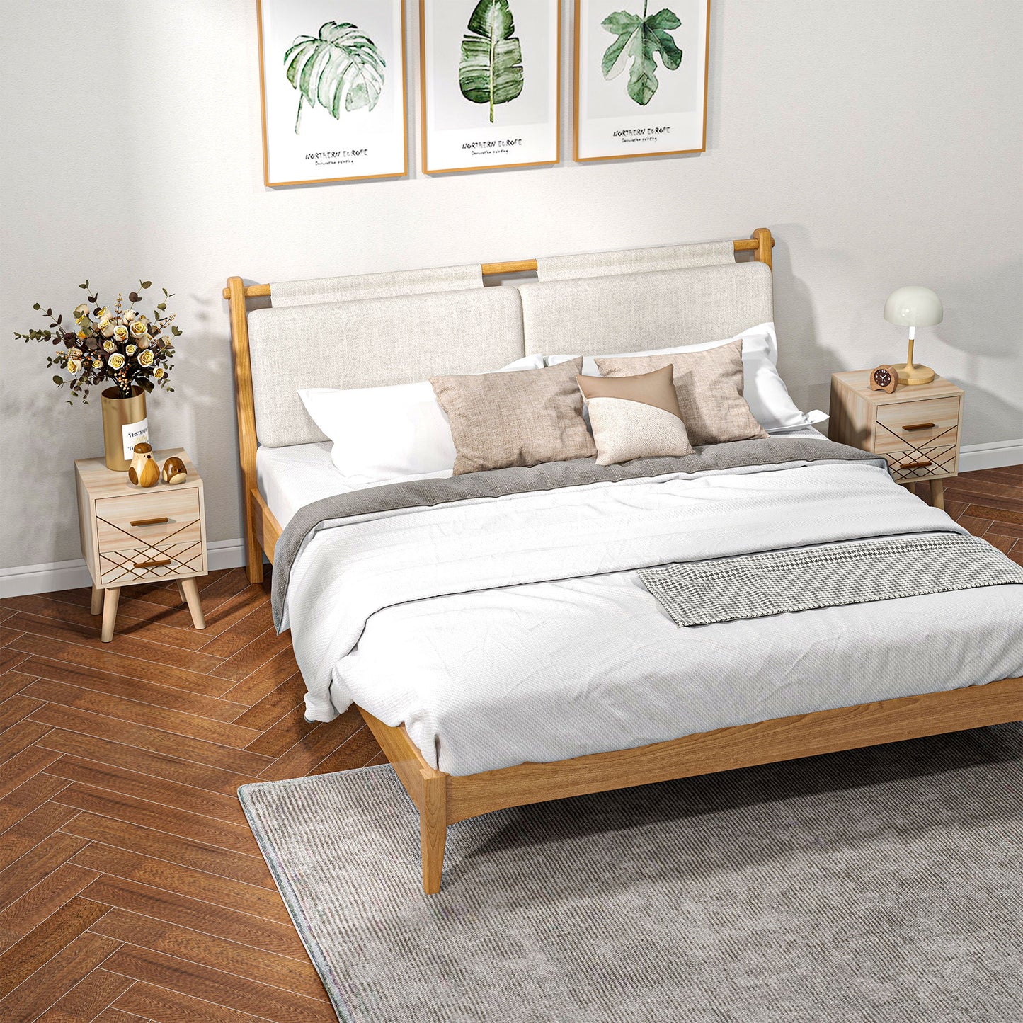 Reyo Set Of 2 Wooden Natural Scandinavian Bedside Tables 2 Drawers