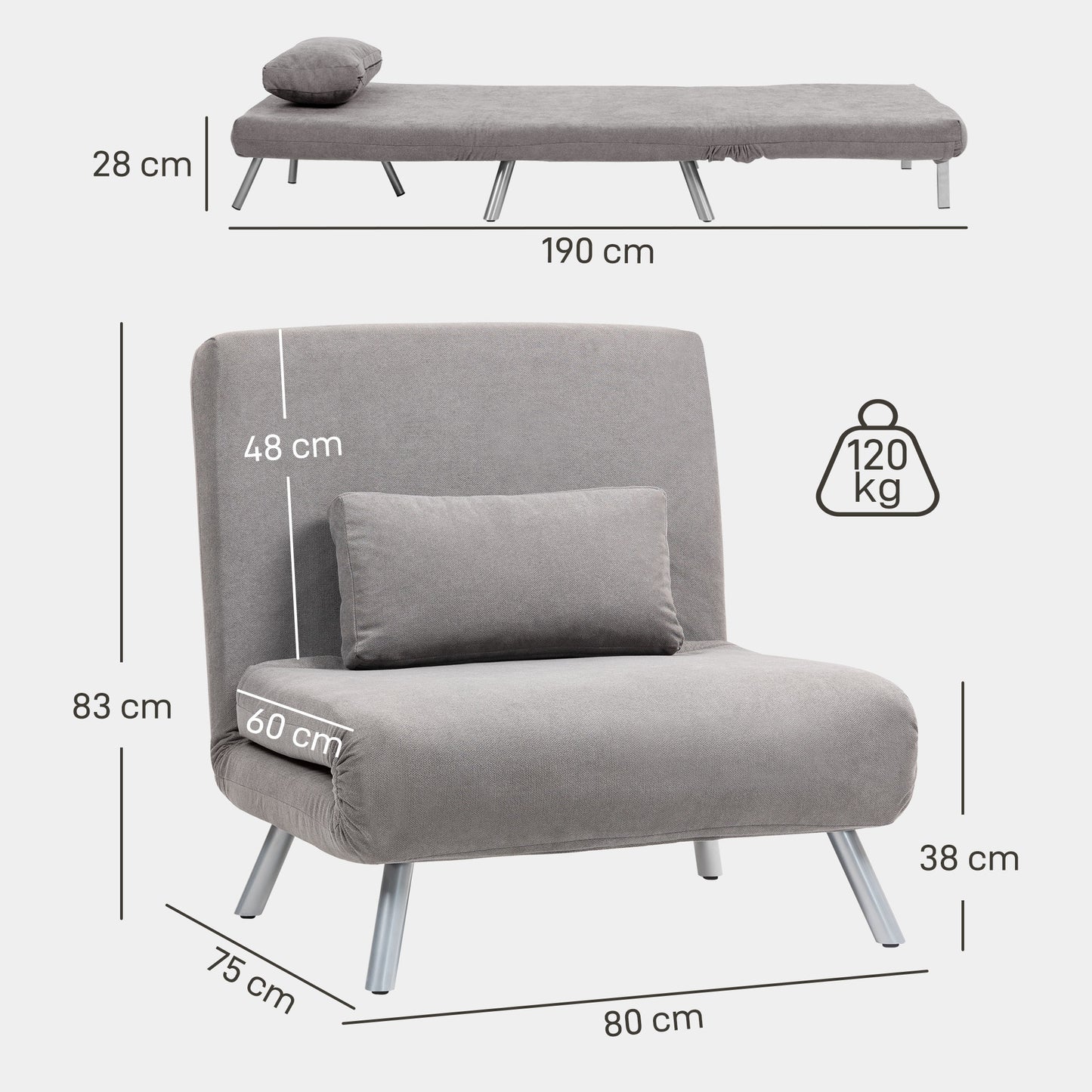 Badi Snow Flannel Grey Single Convertible Sleeper Chair Bed