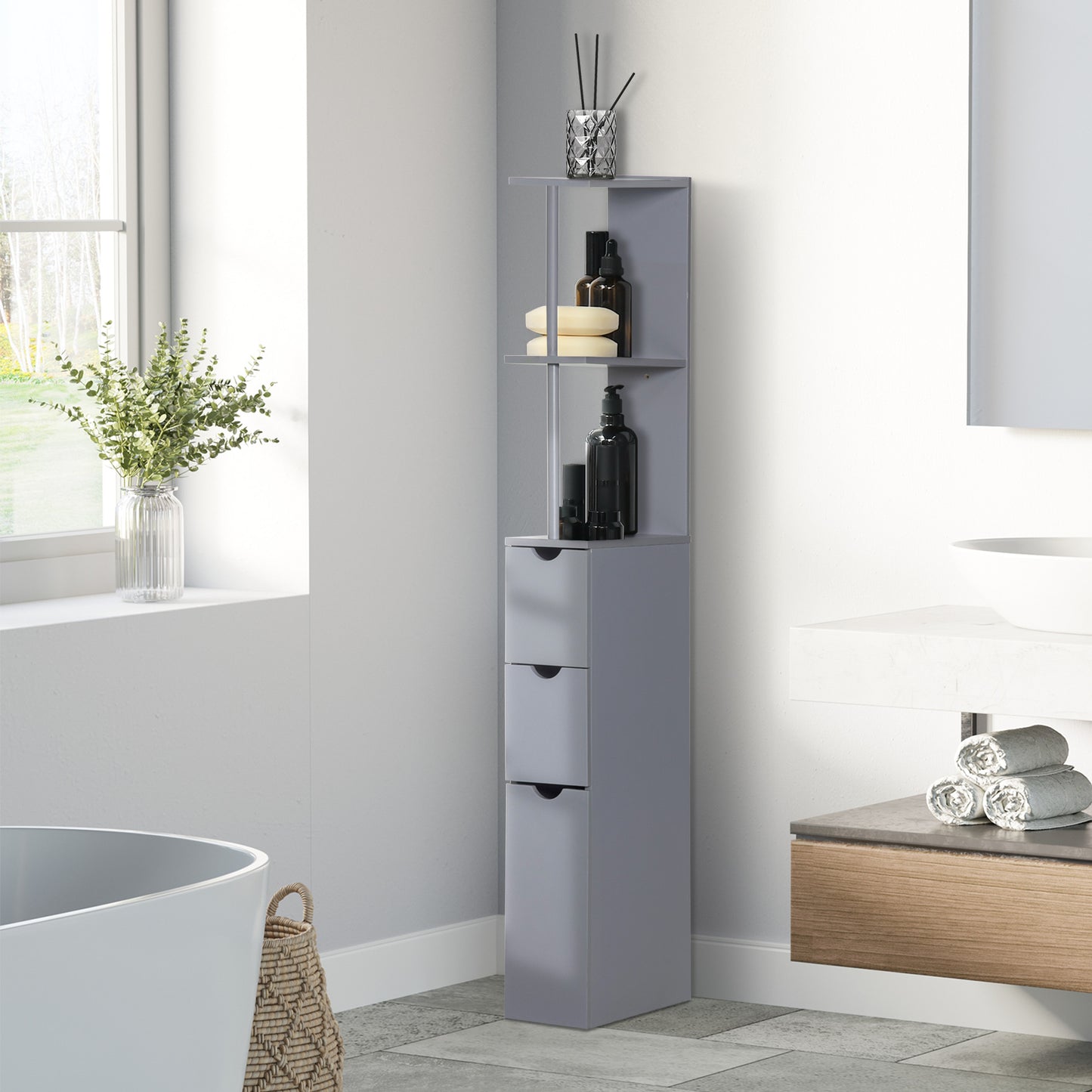 Keli Falo Slim Freestanding Bathroom Storage Cabinet With Shelves And Drawers In Grey