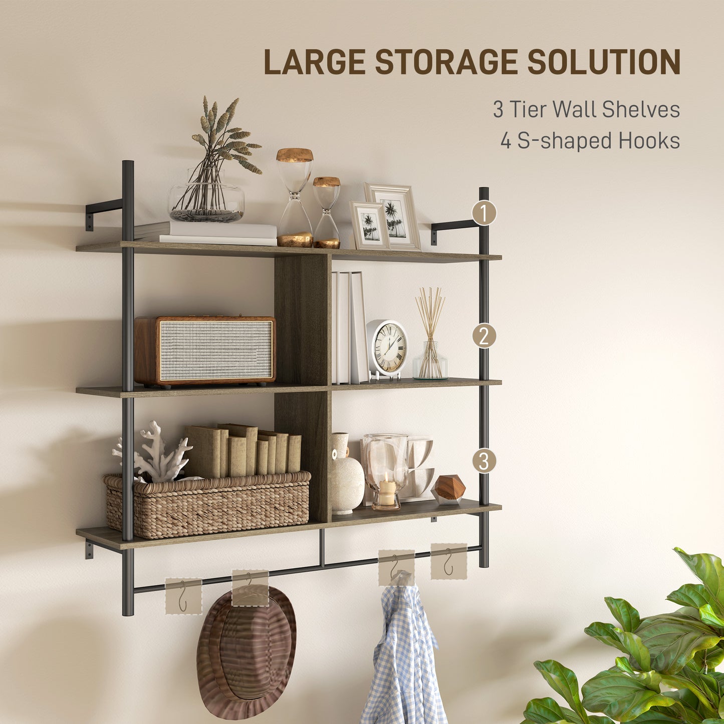 Doso Yoli Wood Effect Grey 3 Tier Floating Wall Shelves