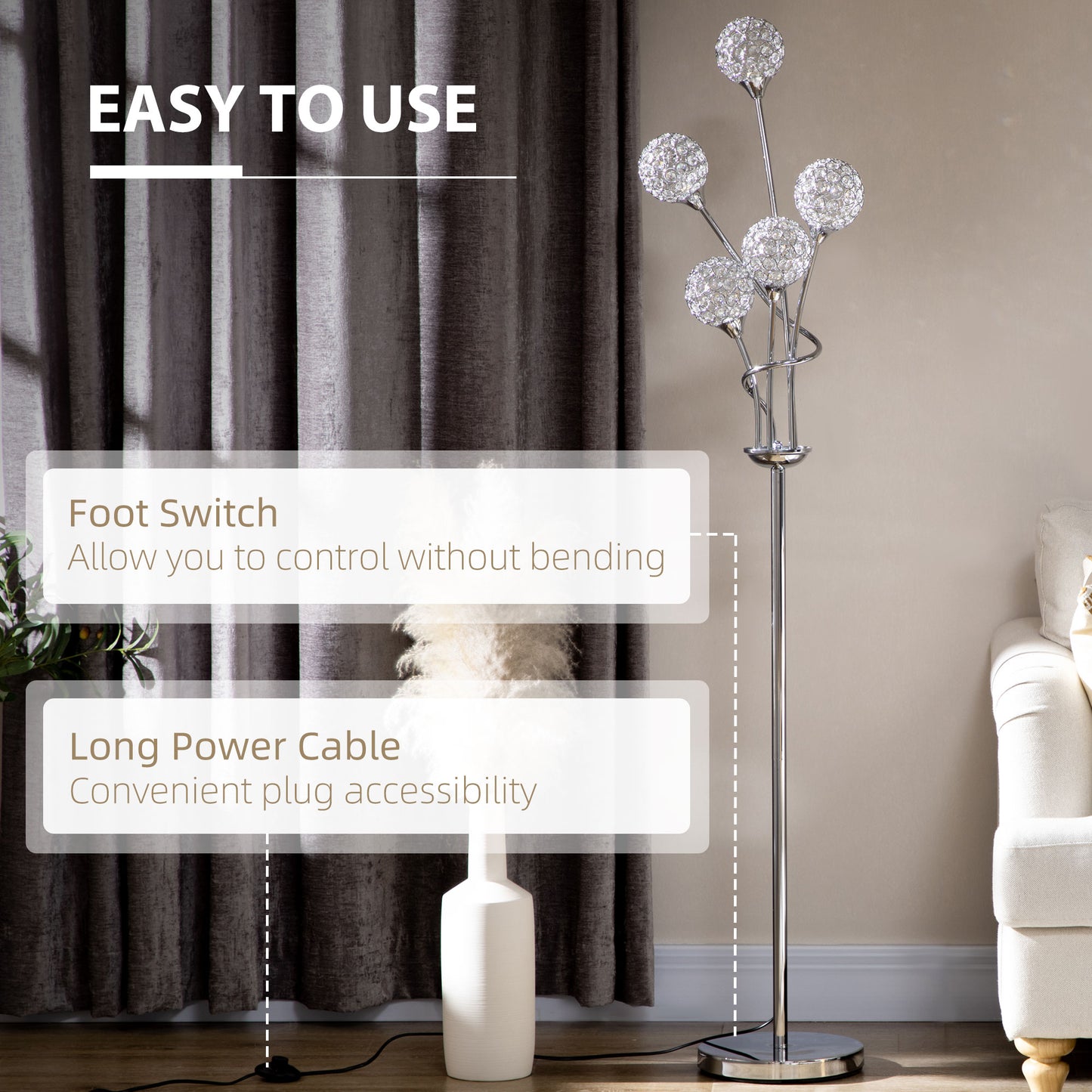 LomoveCrystal And Metal Silver 5 Light Upright Floor Lamp 156 cm