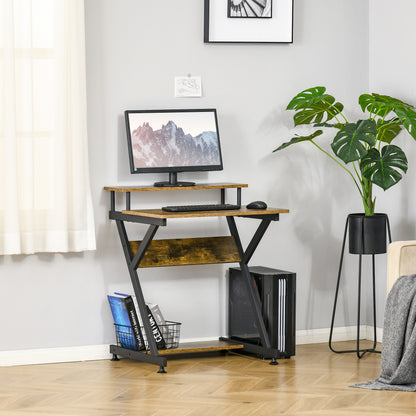 Lulose 70cm Small Black Metal And Wooden Rustic Brown Compact Industrial Desk With Monitor Stand