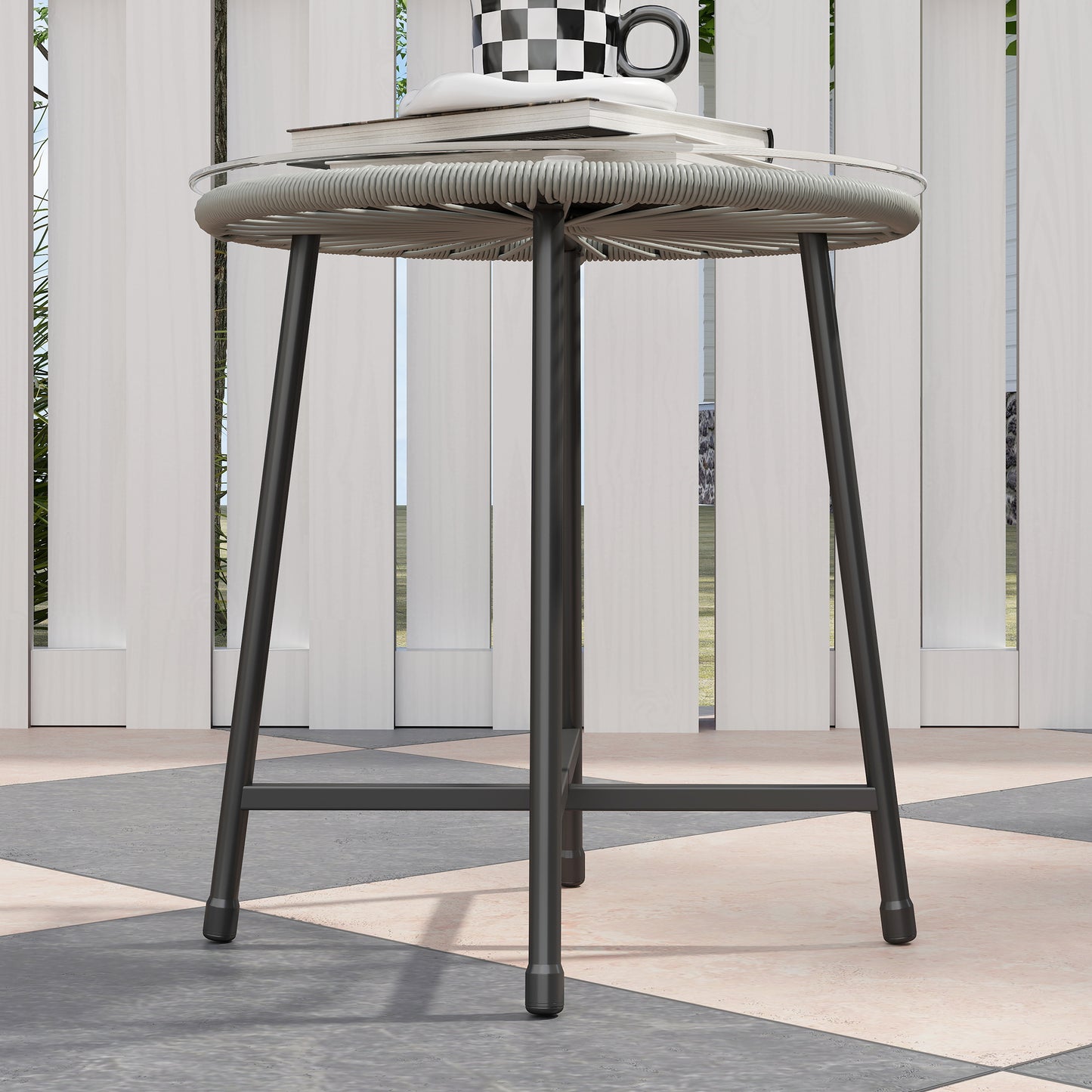 Sorino Rattan Rope Light Grey 3 Piece Outdoor Garden Bistro Furniture Set Glass Coffee Table
