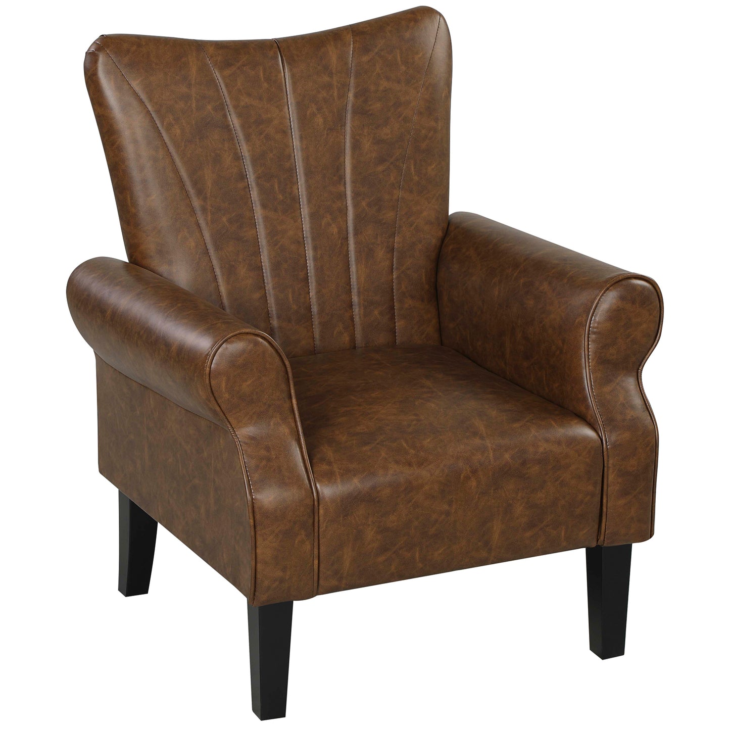 Vafi Brown Faux Leather Mid Century Accent Armchair With Rolled Arms And Wooden Legs