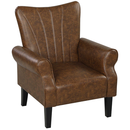 Vafi Brown Faux Leather Mid Century Accent Armchair With Rolled Arms And Wooden Legs