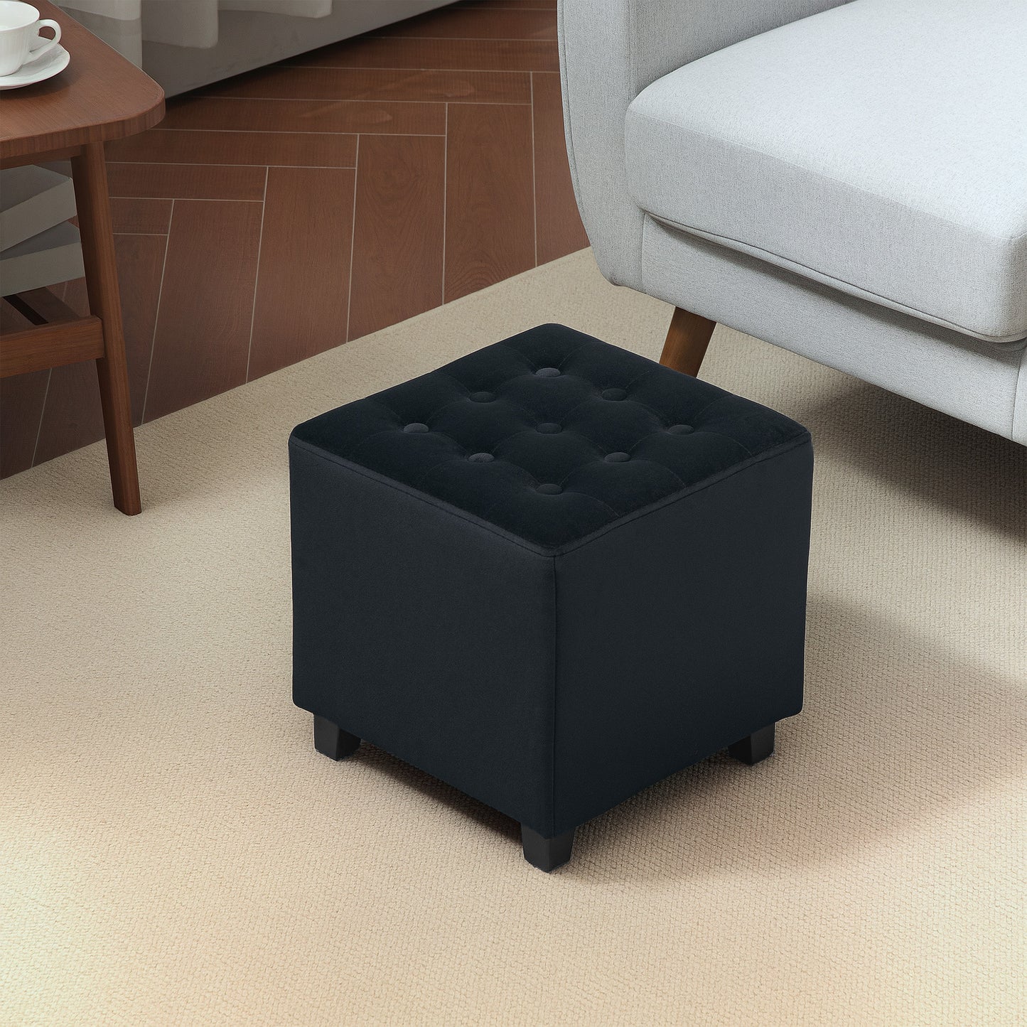 Liviel Velvet Black Square Ottoman With Soft Upholstered Finish