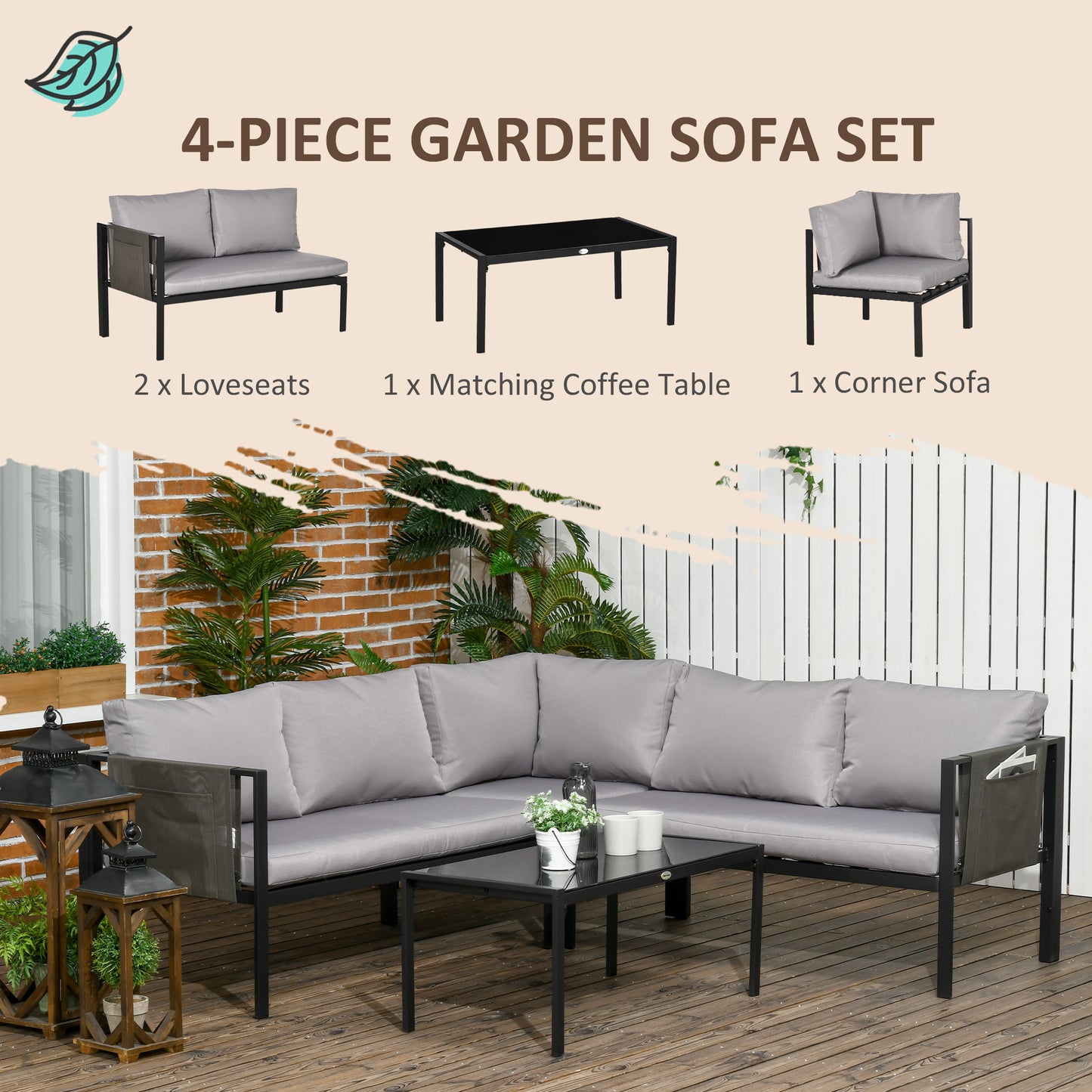 Sera 5 Seater Light Grey Garden Corner Sofa Set L Shape with Glass Top Coffee Table