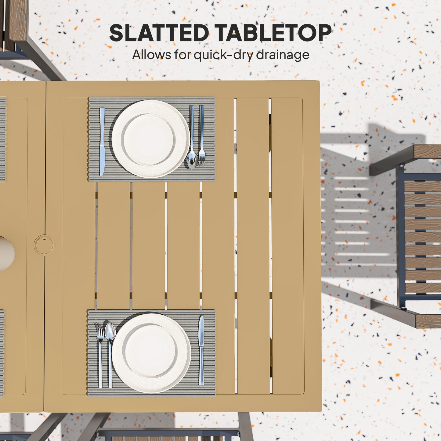 Safafa 150cm Metal Brown Rectangular Garden Dining Table With Slatted Top And Parasol Hole